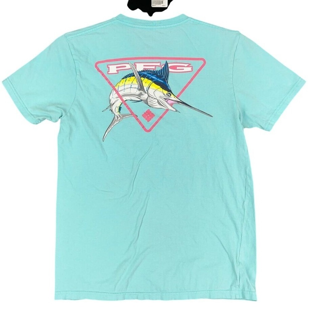 Columbia PFG Shirt Mens Medium Marlin Fishing Saltwater Teal Crew Neck